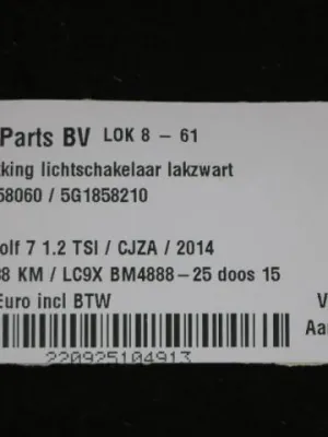 Afdekking lichtschakelaar lakzwart VW Golf 7 5G1858060